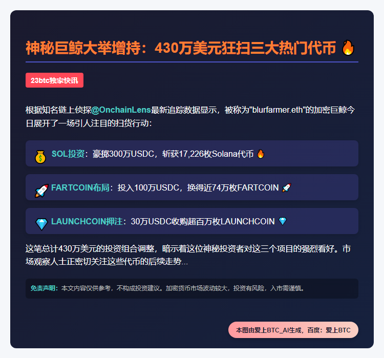 巨鲸豪掷430万购SOL、FART和LAUNCH