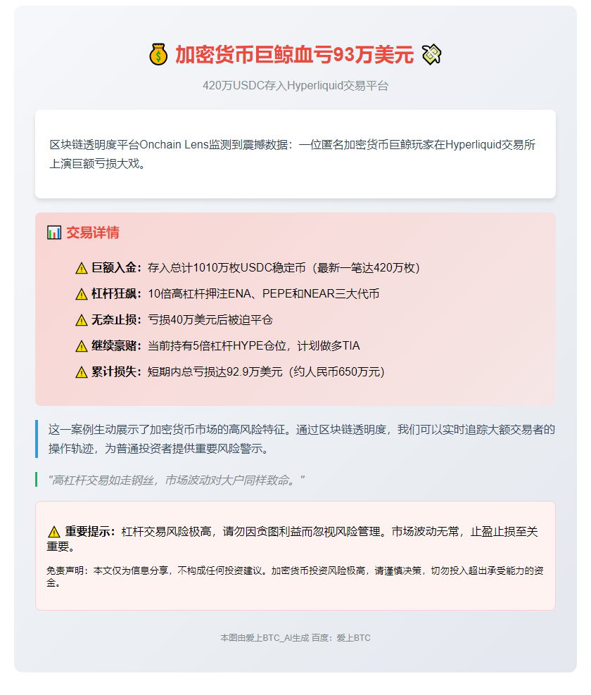 巨鲸亏损93万美元：420万USDC存入Hyperliquid