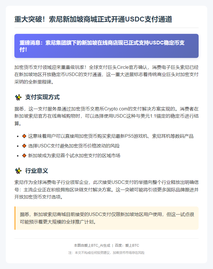 索尼新加坡商店支持USDC支付