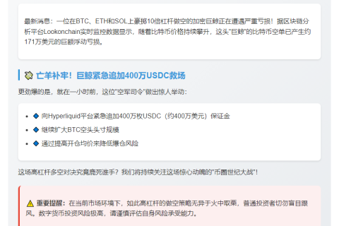 巨鲸10倍空单浮亏171万，再补保证金