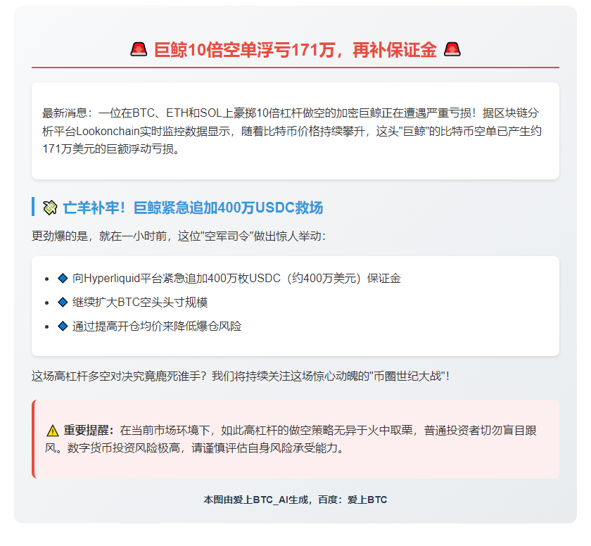 巨鲸10倍空单浮亏171万，再补保证金