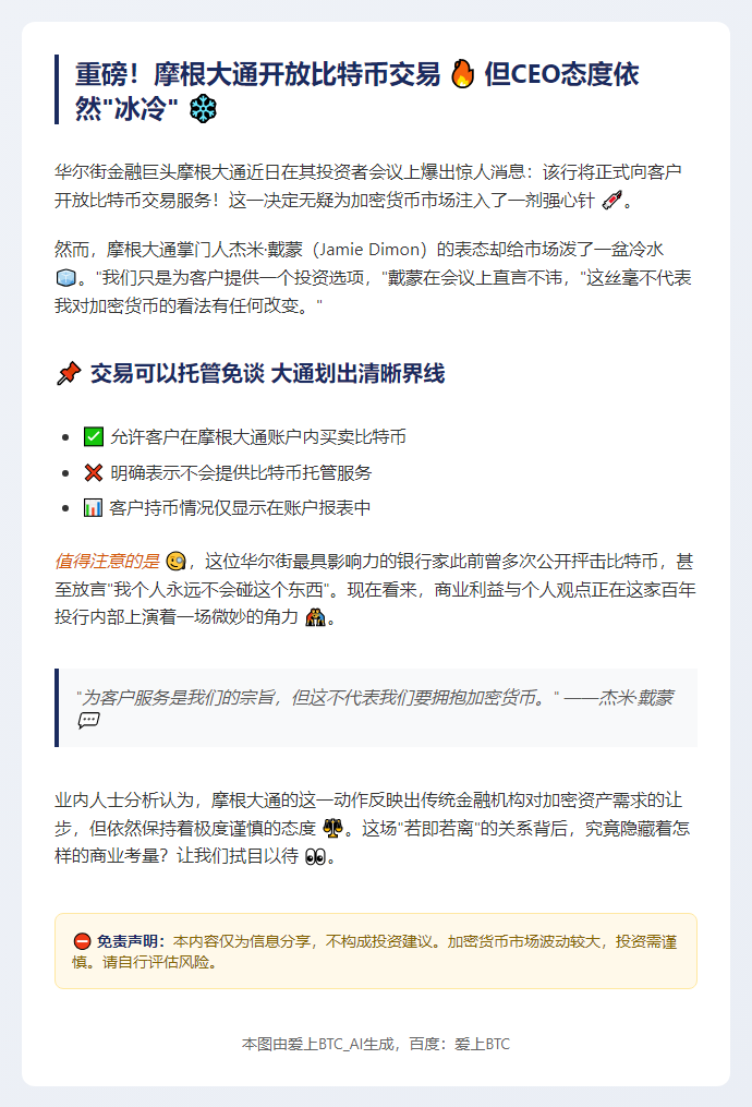 摩根大通CEO：客户购币不改我对比特币立场