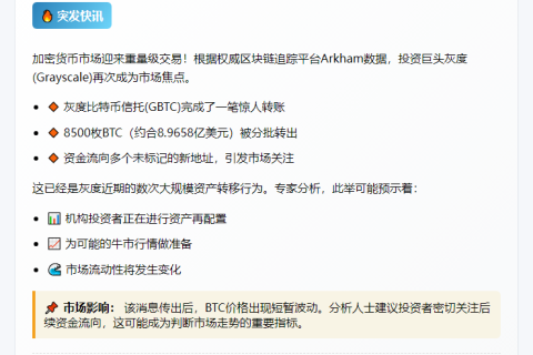 灰度再转出8500枚BTC，价值9亿美元