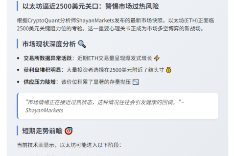 ETH 逼近2500美元，警惕短期回调
