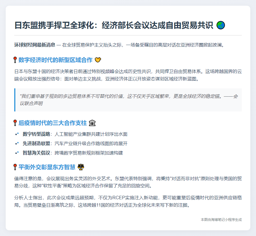 日东盟经济部长达成自贸共识