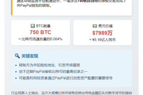 750 BTC转入PayPal，价值8000万美元