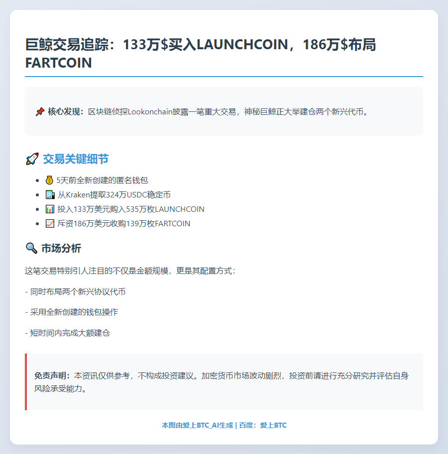 巨鲸买入133万LAUNCHCOIN和186万FARTCOIN