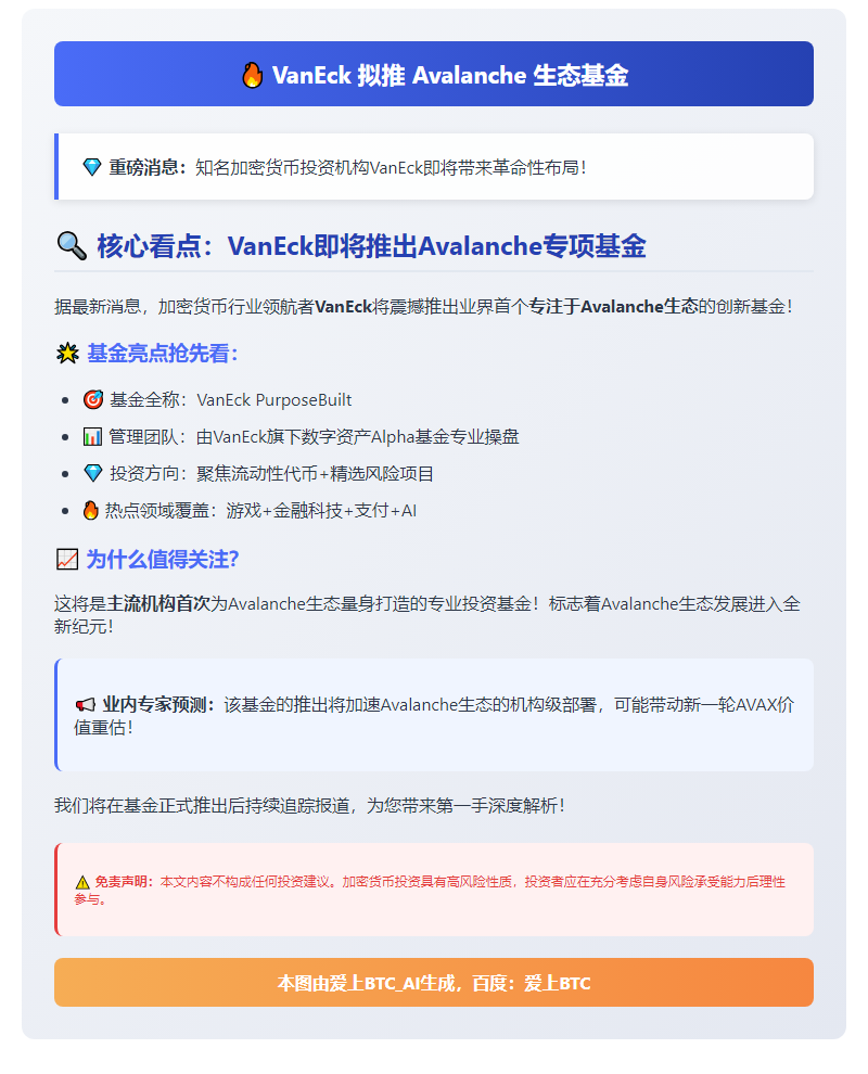 VanEck 拟推 Avalanche 生态基金