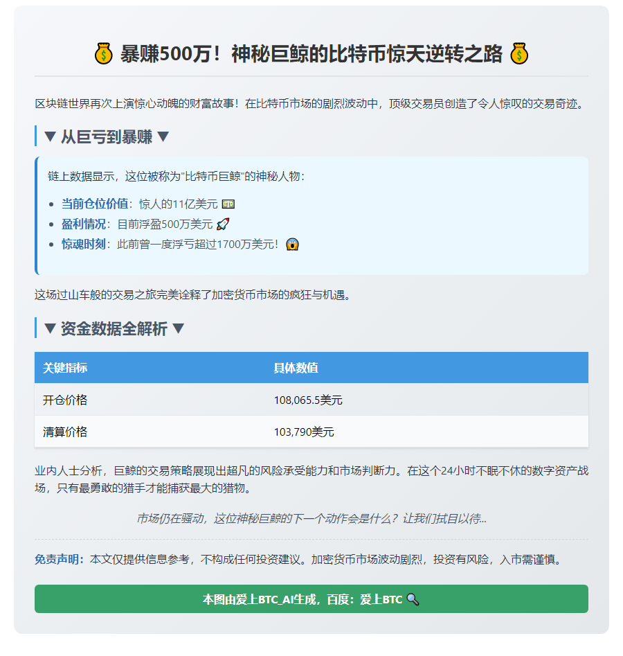 "比特币巨鲸浮盈500万美元"