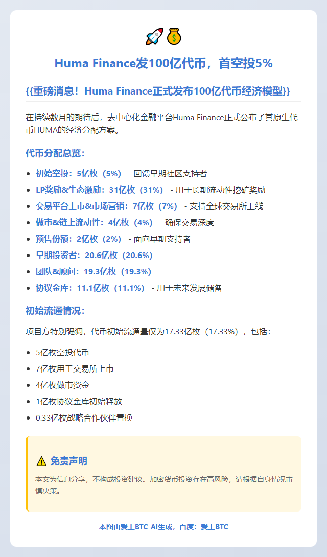 Huma Finance发100亿代币，首空投5%