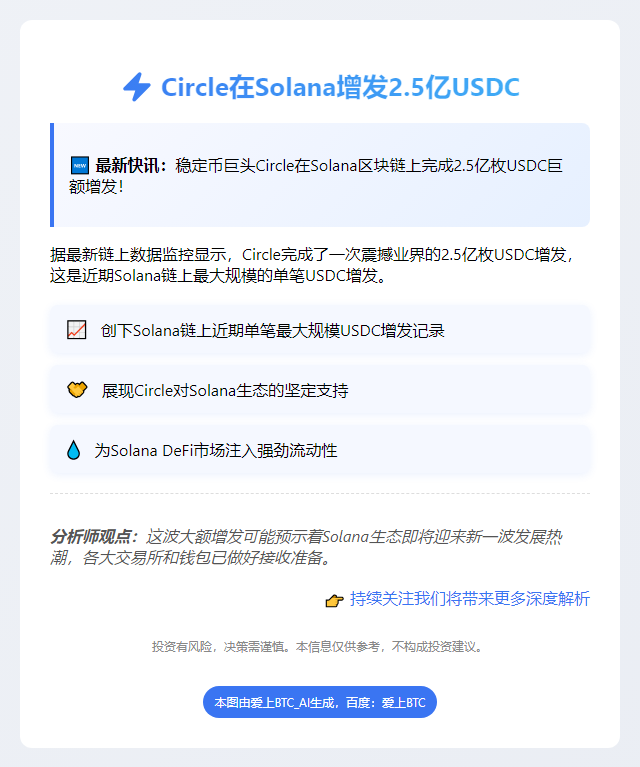 Circle 在 Solana 增发 2.5 亿 USDC
