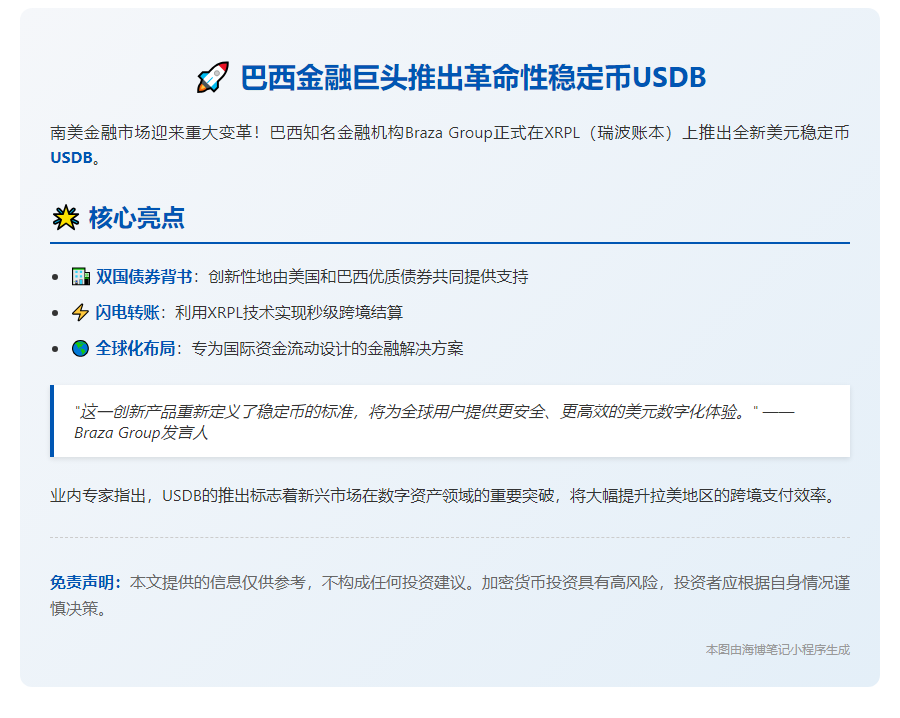 Braza Group在XRPL推出稳定币USDB