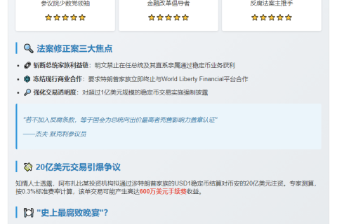 美参议员拟修法阻特朗普家族从稳定币获利