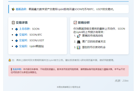 Upbit新增SOON/BTC和SOON/USDT交易对