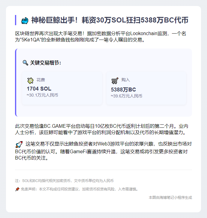 鲸鱼豪掷1704枚SOL购入5388万枚BC