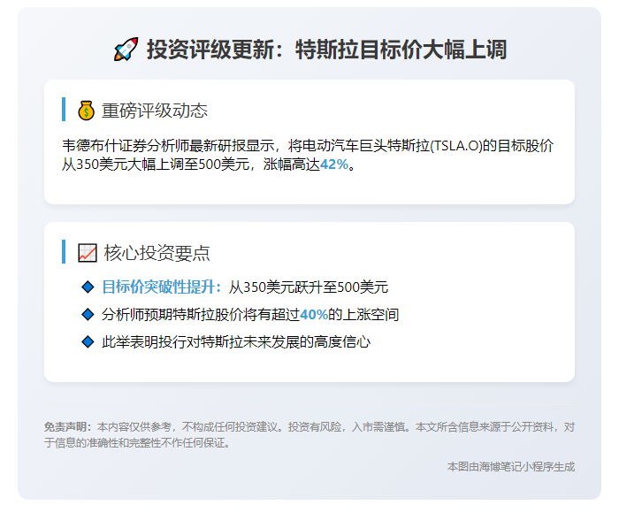 韦德布什上调特斯拉目标价至500美元