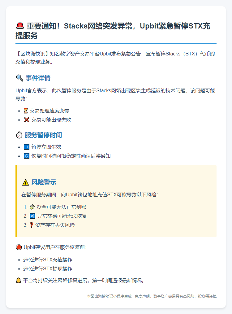 Stacks网络延迟，Upbit暂停STX充提