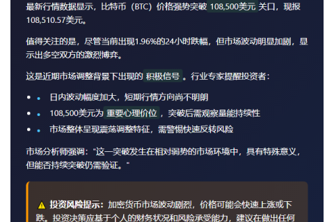 BTC破10.85万美元