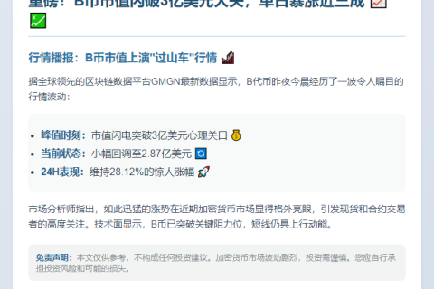 B币飙涨28%，市值破3亿美元