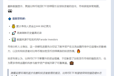 美比特币ETF流入超444亿美元