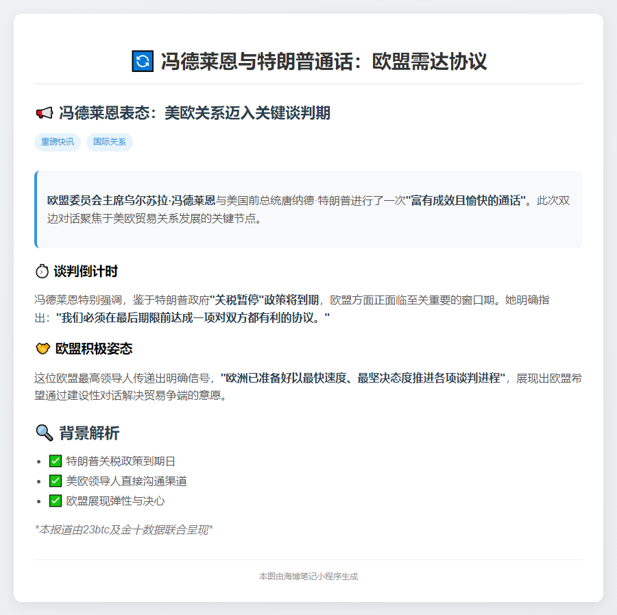 冯德莱恩与特朗普通话：欧盟需7月9日前达协议