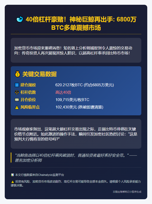 巨鲸40倍杠杆再开6805万BTC多单