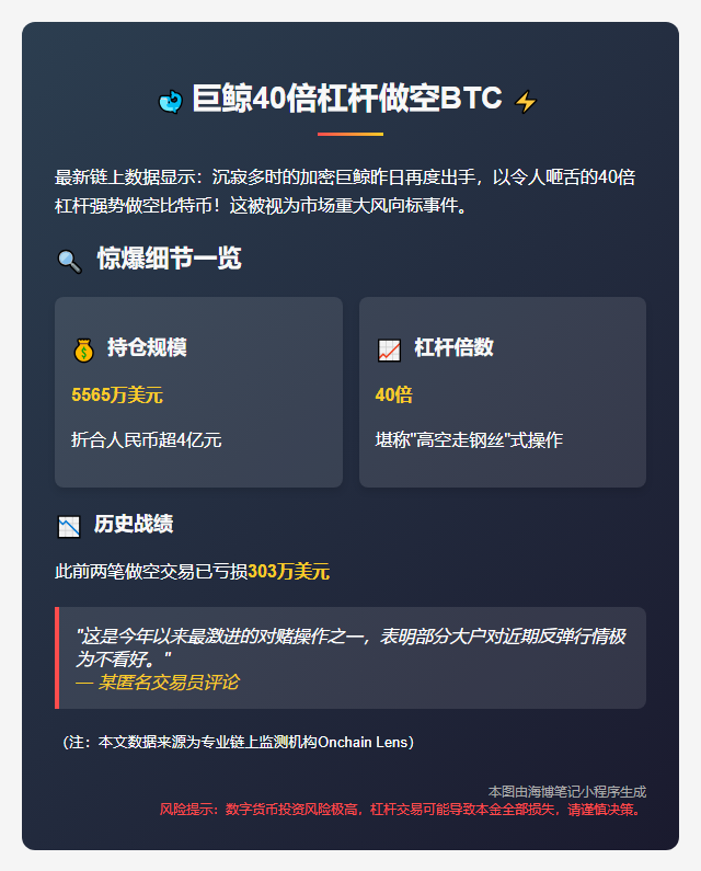 巨鲸40倍杠杆做空BTC，仓位超5565万
