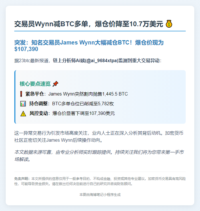 交易员Wynn减BTC多单，爆仓价降至10.7万美元