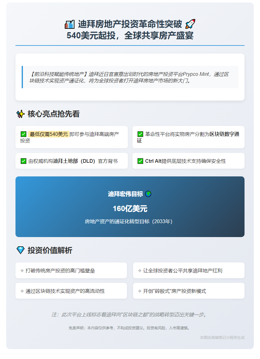 "迪拜推房地产通证化平台 Prypco Mint，最低投540美元"