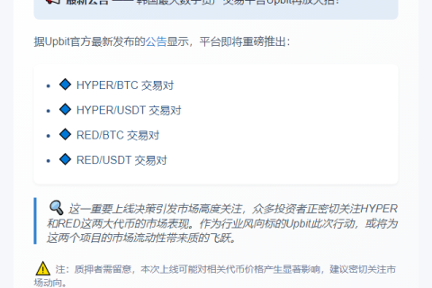 Upbit 新增 HYPER、RED 交易对
