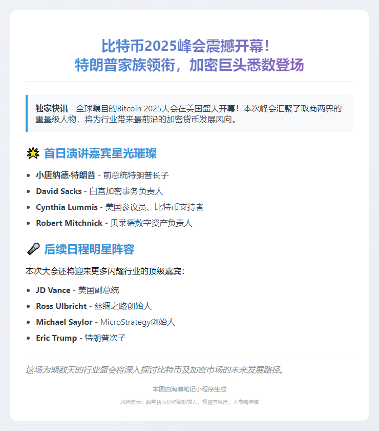 比特币2025大会开幕，特朗普长子等大咖演讲