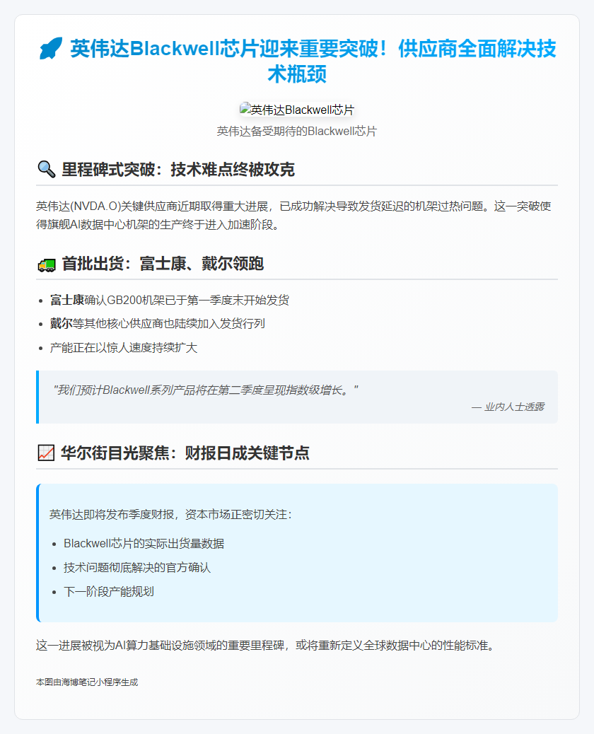 英伟达供应商解决过热问题，出货Blackwell芯片