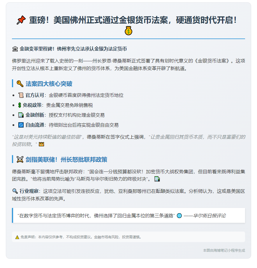佛州确认金银为法定货币