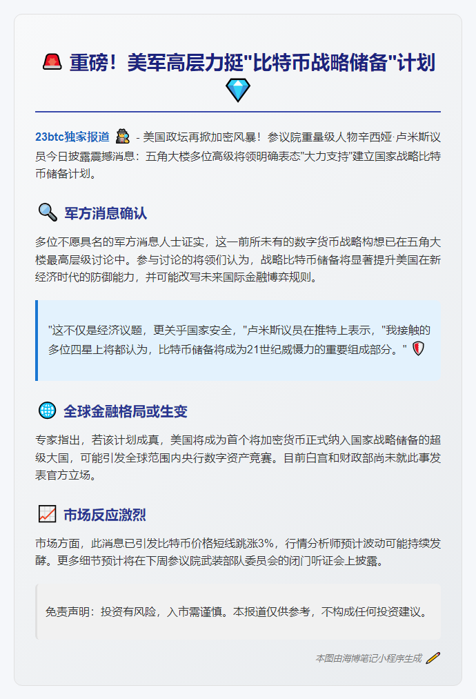 美军将领支持比特币战略储备