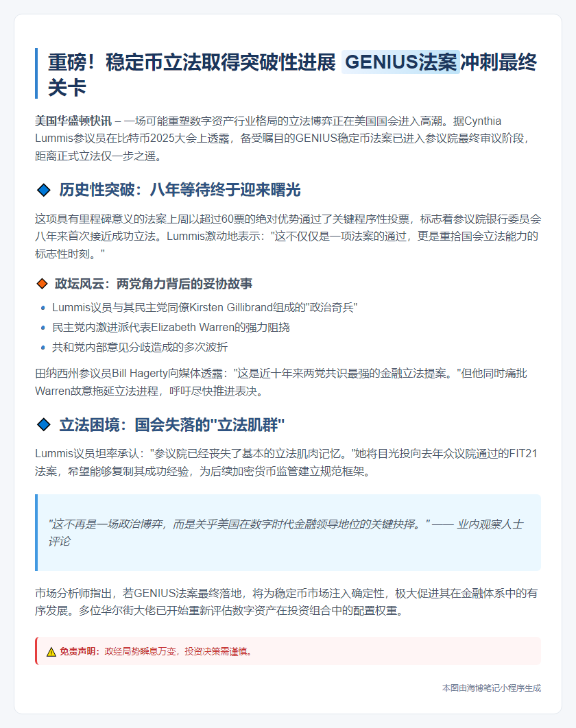 "稳定币法案终审 Lummis称立法艰难"