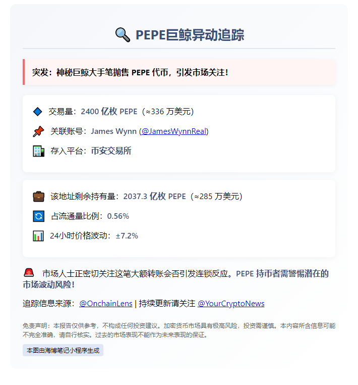James Wynn转2400亿PEPE至币安