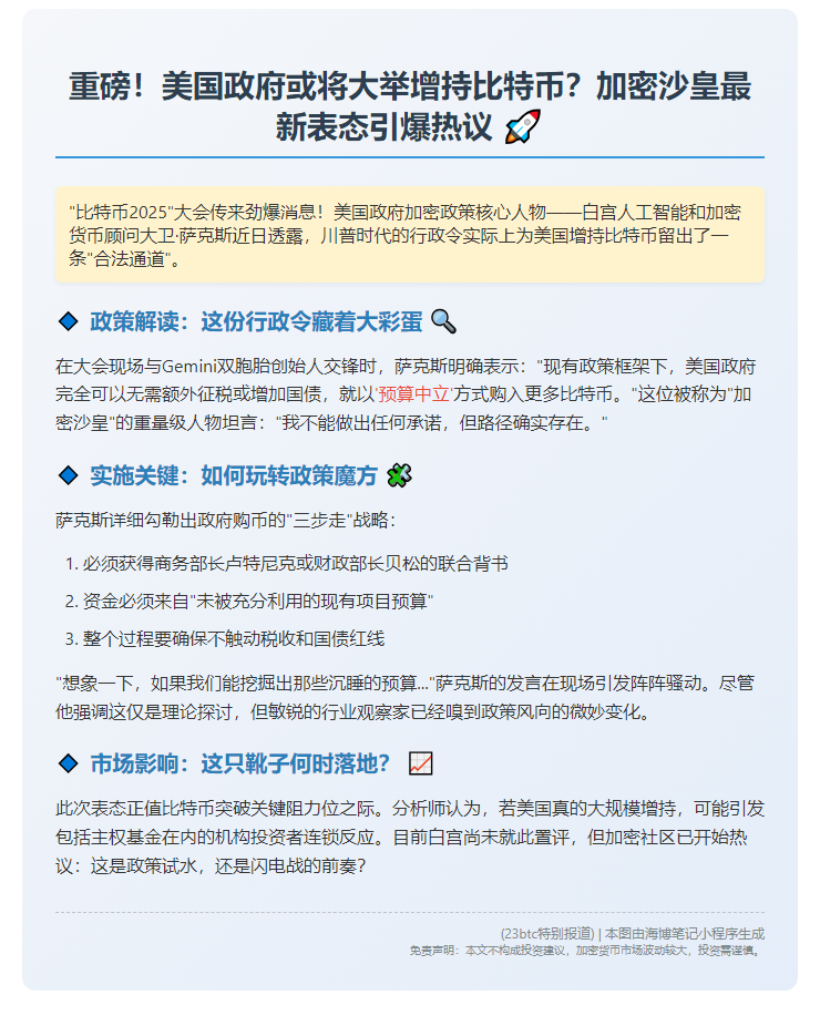 加密沙皇：美国或“增持比特币”