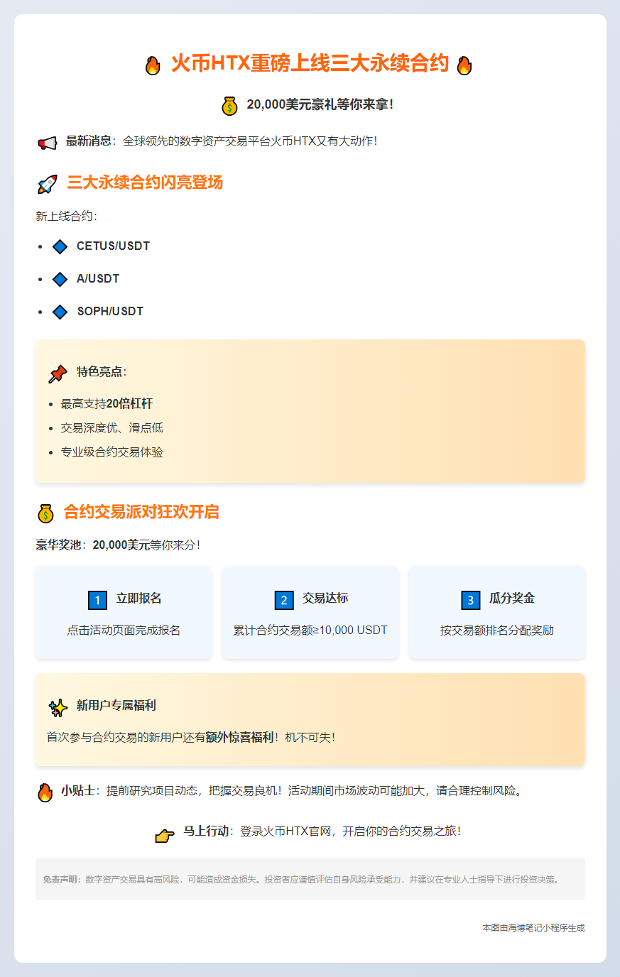 火币HTX上线CETUS等永续合约，开启交易派对