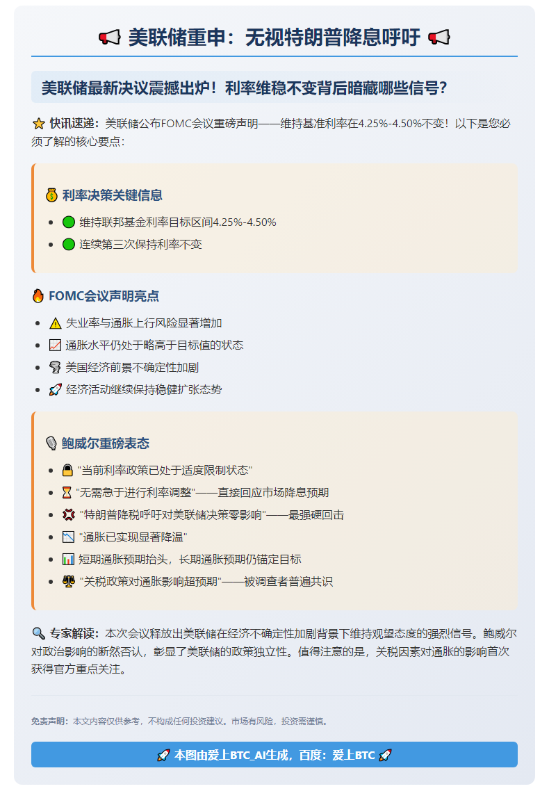 美联储重申：无视特朗普降息呼吁