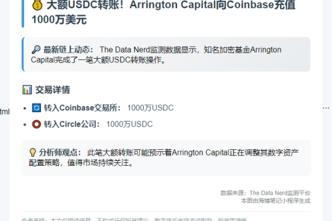 Arrington Capital转1000万USDC至Coinbase