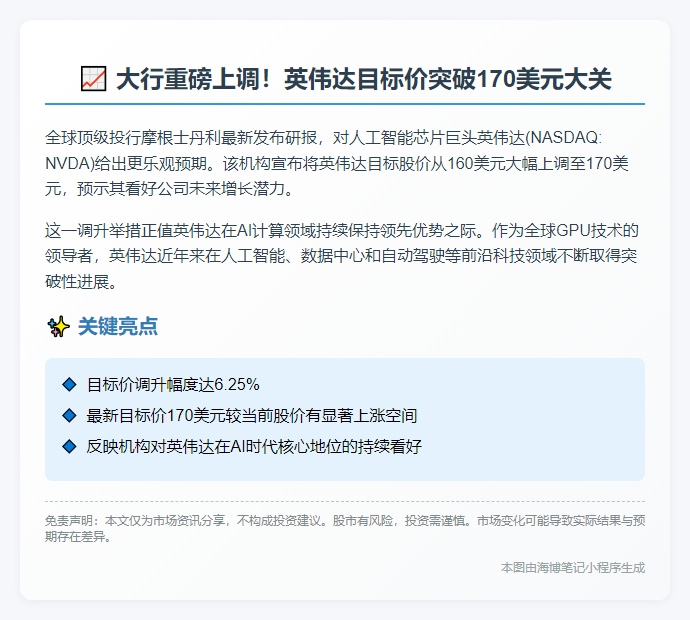 大摩上调英伟达目标价至170美元