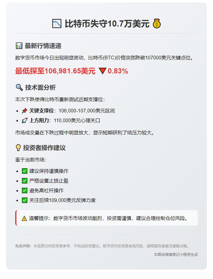 比特币失守10.7万美元