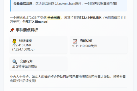 巨鲸转72万LINK至Binance