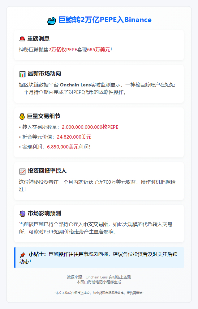 巨鲸转2万亿PEPE入Binance