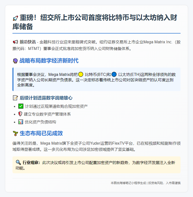 纽交所上市公司Mega Matrix批准持有比特币与以太坊