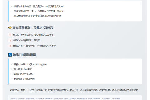 巨鲸错失千万盈利后卖空BTC亏247万，再买ETH浮亏166万