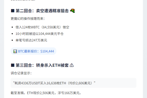 巨鲸错失千万收益，卖空BTC再亏247万