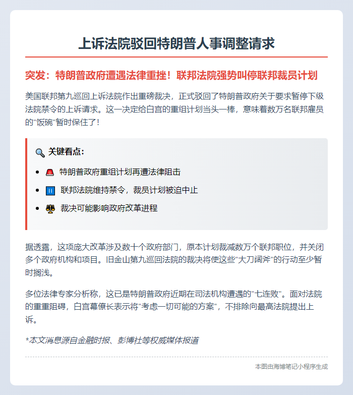 上诉法院驳回特朗普人事调整请求
