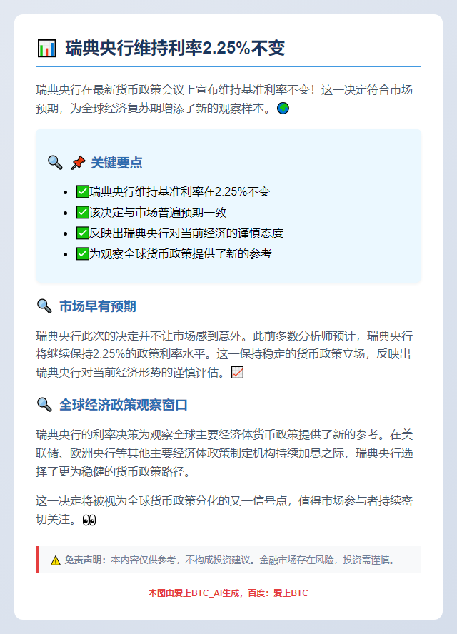 瑞典央行维持利率2.25%不变