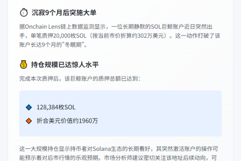 巨鲸复质押2万枚SOL